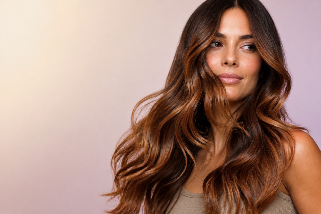 Femme aux cheveux bruns colorés de reflets caramel, cuivrés et miel